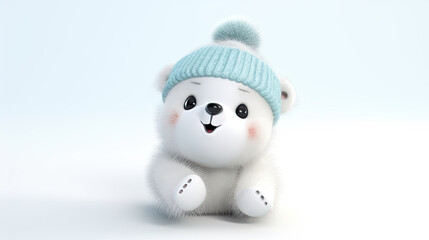 Illustration of baby teddy bear in a winter environment wearing warm clothes. Generative AI