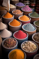 Colorful spices at a traditional market. Generative AI