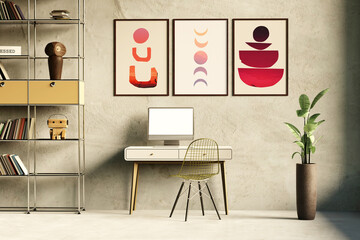 Desk room or home office mockup with blank frames desk and plant. 3d rendering.