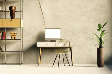 Cropped shot of minimal workspace with mock-up laptop, smartphone on white table. 3d render