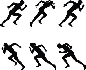 set athletics sprinters runners man and woman begin running race black silhouette on white background