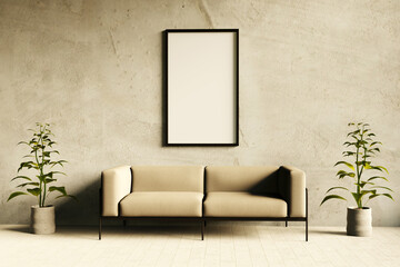Mockup of a canvas frame with a brown sofa. Minimalistic space. 3d render