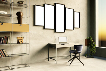 Desk room or home office mockup with blank frames desk and plant. 3d rendering.