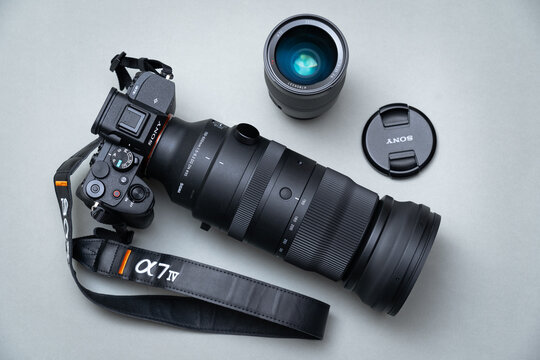 Estonia, Tallinn, April 2023.  Sony alpha 7 mark 4 professional camera and sigma 150-600 sport telephoto lens.