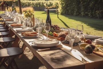 A rustic and elegant wine tasting event set in a picturesque vineyard, with a long wooden table adorned with various wine glasses, bottles of wine, charcuterie boards, and fresh grapes - obrazy, fototapety, plakaty