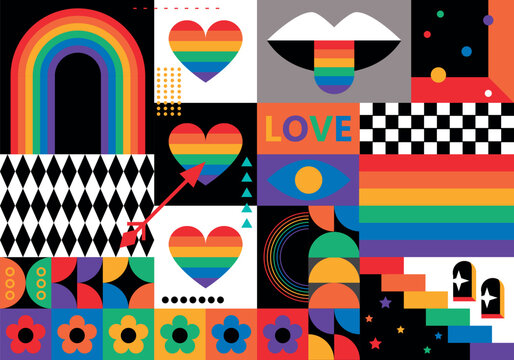 Rainbow background with hearts. LGBT+ Pride design. Rainbow community pride month. Love, freedom, support, peace. Poster with LGBT rainbow flag, heart and love. Colorful social media post template