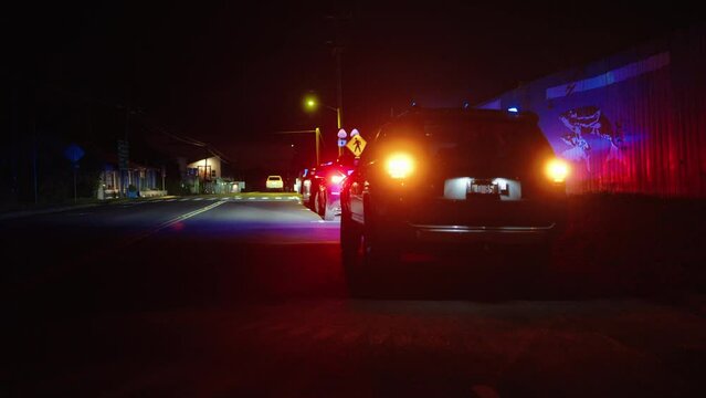 American Police Car With Flashing Lights And Siren Pulled Over Speeding Car At Night, 4K