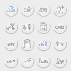Fototapeta premium Car insurance line icon set, car accident collection, vector graphics, neumorphic UI UX buttons, car insurance vector icons, car crash signs, outline pictograms, editable stroke