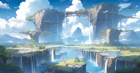 Keuken foto achterwand Fantasie landschap surrealistic landscape with floating islands and waterfalls. generative AI