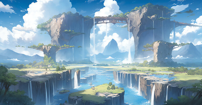 surrealistic landscape with floating islands and waterfalls. generative AI