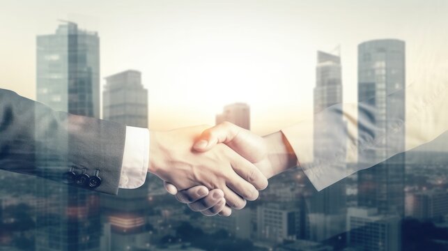 Businessmen shaking hands on city background. Teamwork concept. Double exposure. Generative AI.