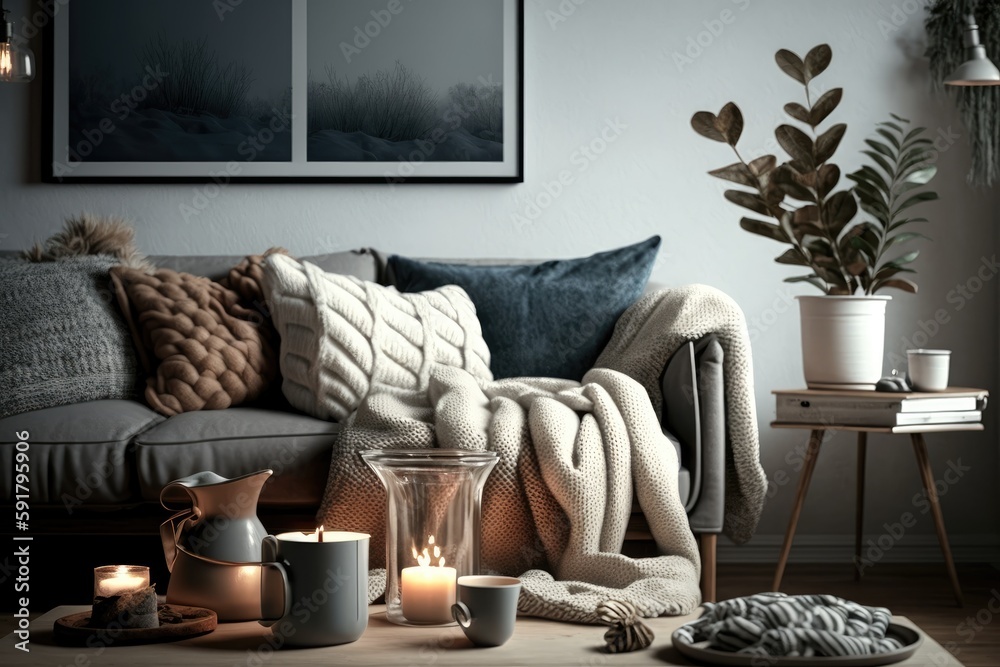 Canvas Prints cozy living room with warm lighting and comfortable furniture. Generative AI