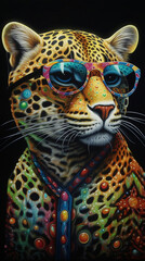 Anthropomorphic Ocelot Wearing Sunglasses On A Black Background With Colorful Dress In Painting Style Generative Ai Digital Illustration Part#120423