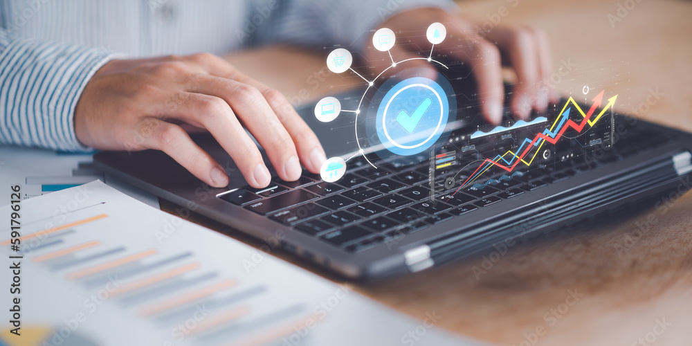 Poster Businessman reading graph report and business statistics charts ,Analysis and improvement of corporate strategy ,Statistics and Data Concepts ,update annual budget accounts ,business growth graph