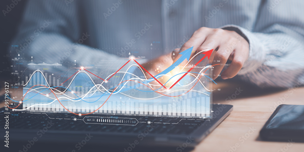 Poster Businessman reading graph report and business statistics charts ,Analysis and improvement of corporate strategy ,Statistics and Data Concepts ,update annual budget accounts ,business growth graph