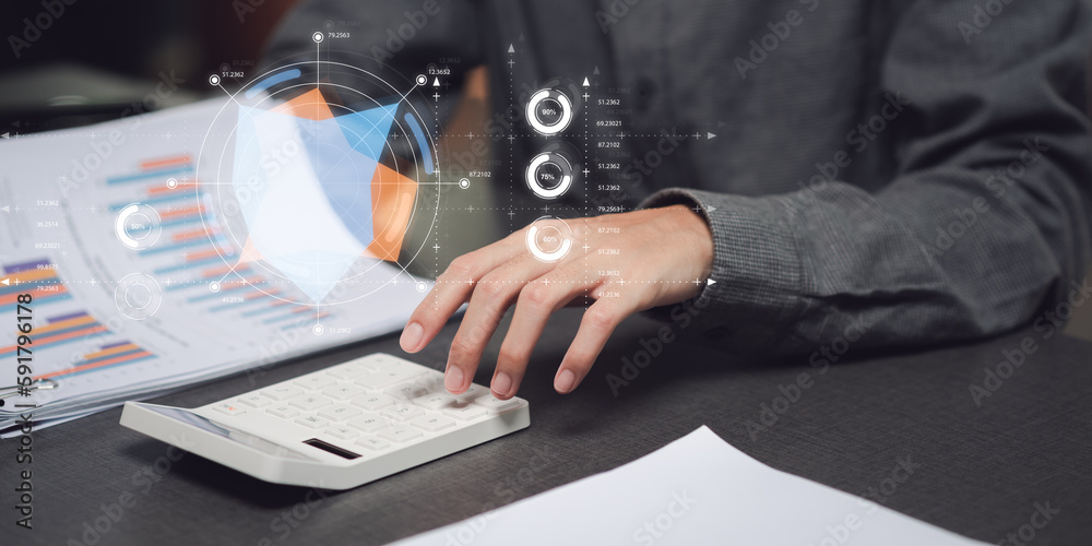 Poster Businessman reading graph report and business statistics charts ,Analysis and improvement of corporate strategy ,Statistics and Data Concepts ,update annual budget accounts ,business growth graph
