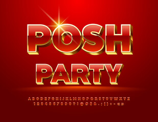 Vector elite flyer Posh Party. 3D Gold and Red Font. Bright set of premium Alphabet Letters and Numbers