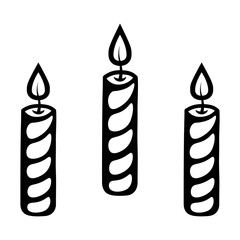Three candles. Sketch. Burning flame of a twisted candle. Decoration for a birthday cake. Vector illustration. Coloring book for children. Doodle style. Outline on isolated background. 