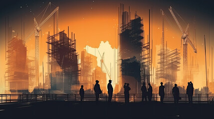 Silhouettes of construction workers against a background of cranes and buildings under construction. Illustration. Generative AI