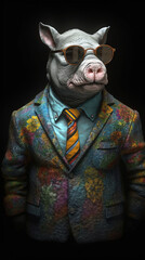 Anthropomorphic Rhinoceros Wearing Sunglasses On A Black Background With Colorful Dress In Painting Style Generative Ai Digital Illustration Part#120423