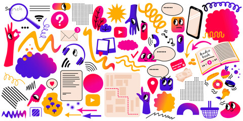 Set of abstract cute geometric elements. Concept of Social networks. Internet search. Entertaining content - foto, music. Chat, messaging, texting, call. Inbox message. Vector doodle illustration