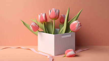 gift box and a bouquet of tulips. Mother's Day concept. Generative AI