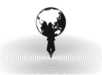 This conceptual illustration depicts the epicenter of global writing articles, blogging social and commercial ideas, vector illustration