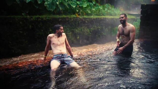 Termal bath relaxing spa in nature. Spa termas heatead water by volcano. People healing relaxing at spa.