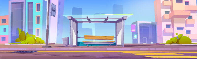 Street bus stop on city road vector background. Day light in town cartoon illustration. Empty pavement near transport station at summer. Panoramic cityscape © klyaksun