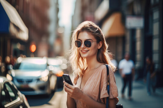 Young beautiful woman holding a smart phone in her hand, generative ai