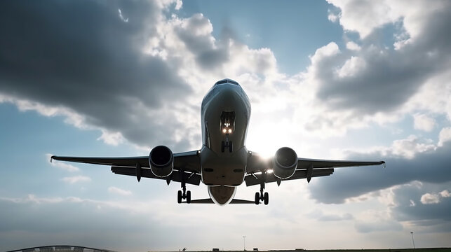 plane taking off from airport runways for traveling and transport business. Generative AI