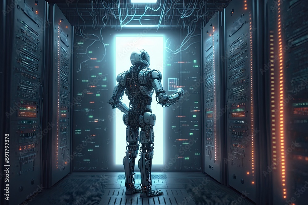 Poster humanoid robot standing in front of a rack of servers in a data center. generative ai