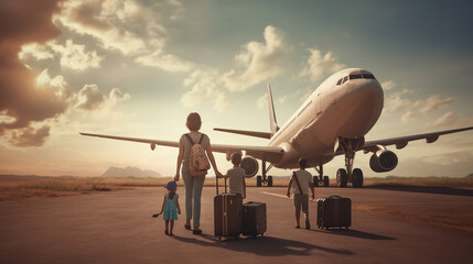 happy family standing near a large plane with suitcases outdoor