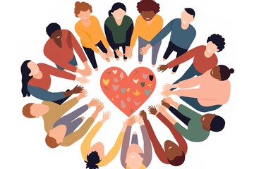 minimalist illustration of a diverse group of people holding hands in a circle, with a heart at the center, support and unity concept - obrazy, fototapety, plakaty