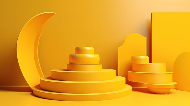 3d background products display podium. background vector 3d rendering with podium. Stage showcase on pedestal display yellow background studio, generative AI © ASA Creative