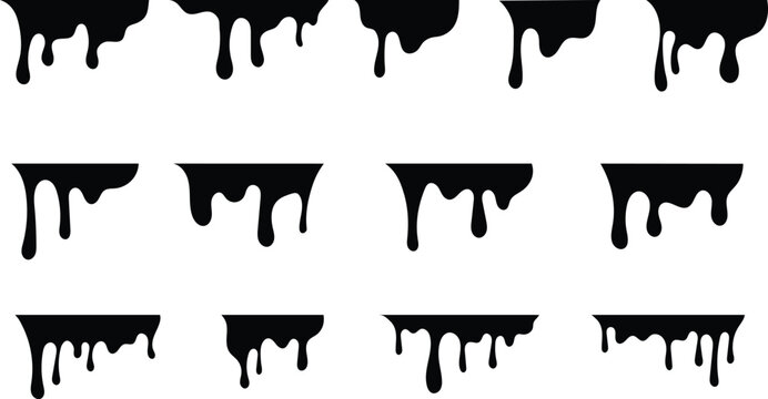 Black melting drips paint collection. melt drips paint abstract liquid vector elements. border and drips ink set