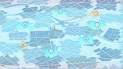 Map mobile app planning travel. Isometric map with information pointers, signs, arrows for travel. City map route, location symbols and navigational system mark. Detailed view of city. Vector