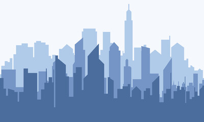 Obraz premium Modern city scape silhouette vector. Simple minimalist blue city skyline background. Urban cityscape silhouettes vector illustration.