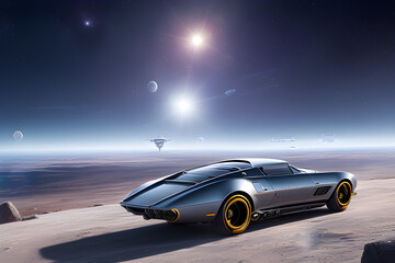 Fototapeta na wymiar Retro futuristic vehicle and flying objects. Retro futurism style. Generative AI.