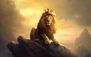 lion is the king of beasts, ion stands majestically on the rock, with a golden crown on his head, generative ai