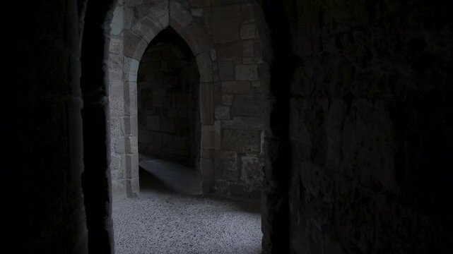POV walking through the stone corridors in a medieval Castle
