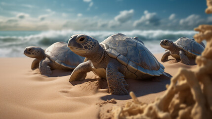 Obraz premium turtle running on the beach to the sea. Generative AI