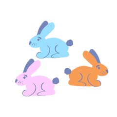 Hand drawn illustration with orange blue pink Easter rabbit bunnies. Cute bunny in spring grass garden, funny cartoon kids children nursery farm animal print.