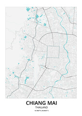 Street map art of Chiang Mai city in Thailand. Road map of  Chiang Mai. Black and white (blue) illustration of Thailand streets. Printable poster.