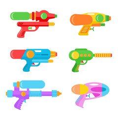 
Vector set of colorful water guns for Songkran Festival Thailand Holidays, plastic toy guns pistols isolated on white background, flat design Illustration. Fun summer water splash game, play concept.