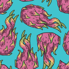 Exotic dragon fruit seamless pattern. Vector eco fruit or organic nature ingredient for food market.