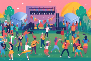 A lively outdoor summer music festival with a large stage, colorful decorations, and a crowd of energetic fans dancing and enjoying the live performances, minimalist illustration