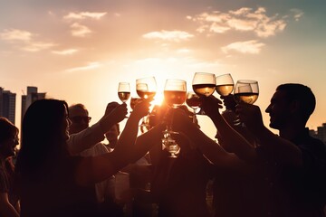 A group of diverse friends enjoying a festive National Wine Day celebration on a rooftop terrace, clinking their wine glasses together in a toast against a beautiful city skyline backdrop