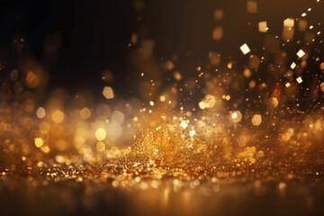 Fototapeta na wymiar Abstract Twinkly Lights with golden glitter particles and bokeh lights. Bright futuristic texture for Christmas and luxury party. AI Generative.
