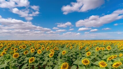 Obraz premium Panoramic field of sunflowers with blue sky on sunny day. Generative AI